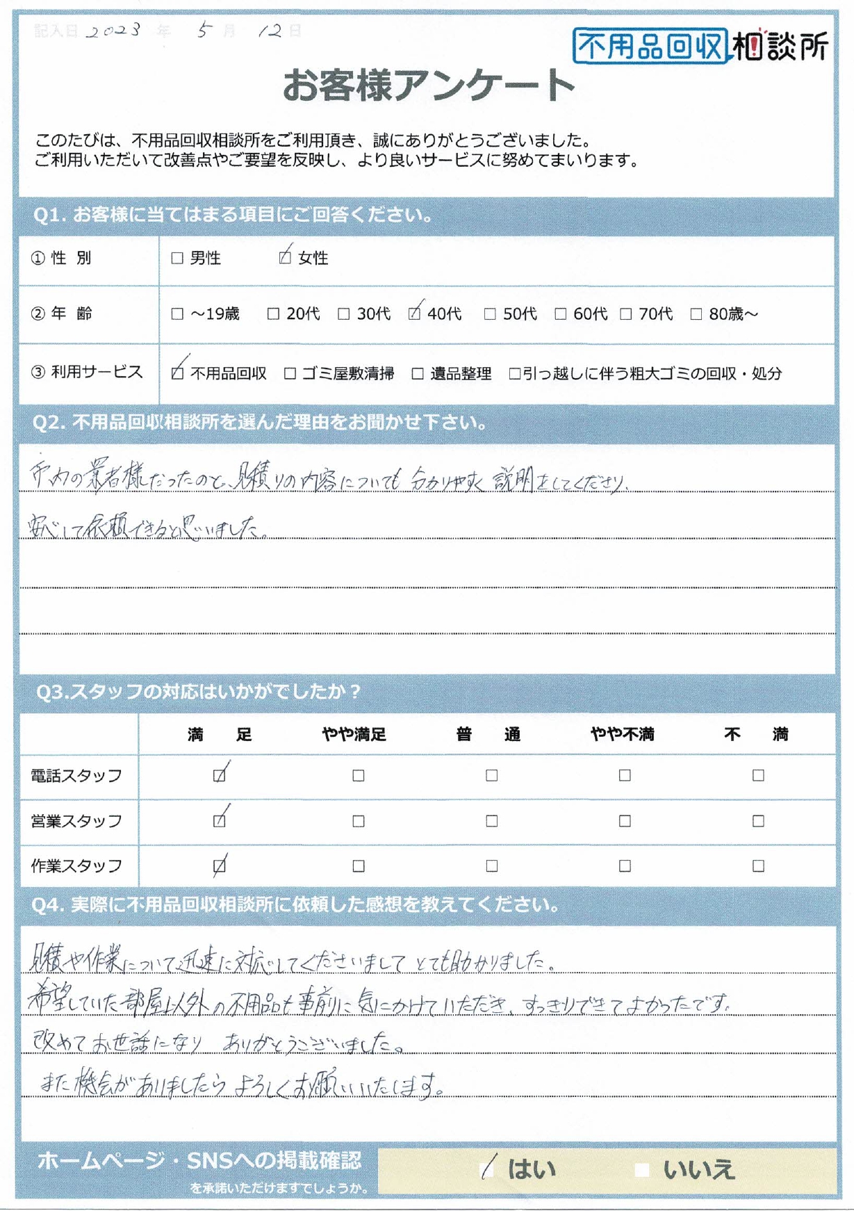 【飯石郡飯南町 S様】子供部屋のリフォームに伴う不用品回収「お世話になりました。またお願いしたいです。」