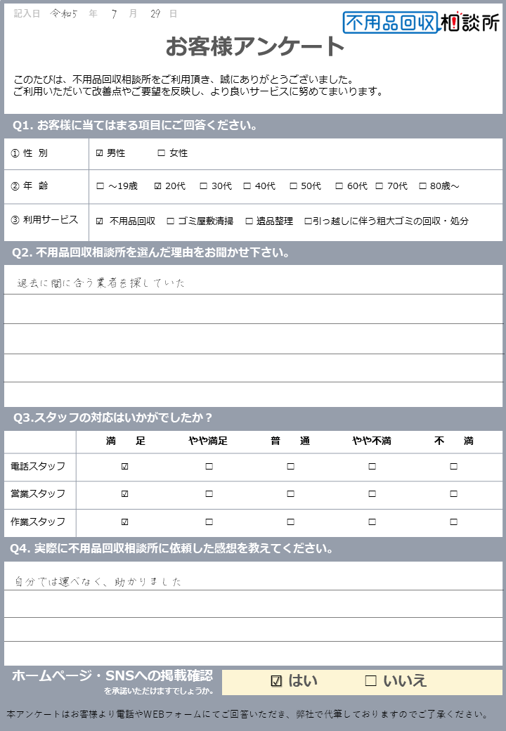 【松江市 R様】一人暮らしのアパート退去に伴う不用品回収「自分では運べなく、助かりました」