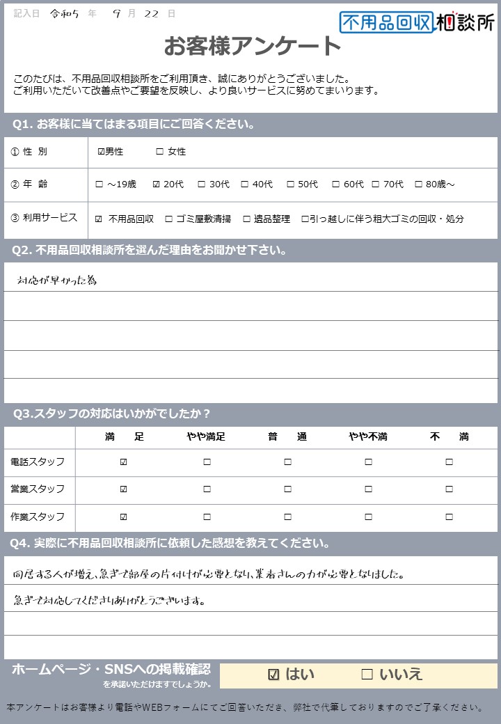 【松江市 E様】6畳の部屋の片づけに伴う不用品回収「作業時間が短く、助かりました」