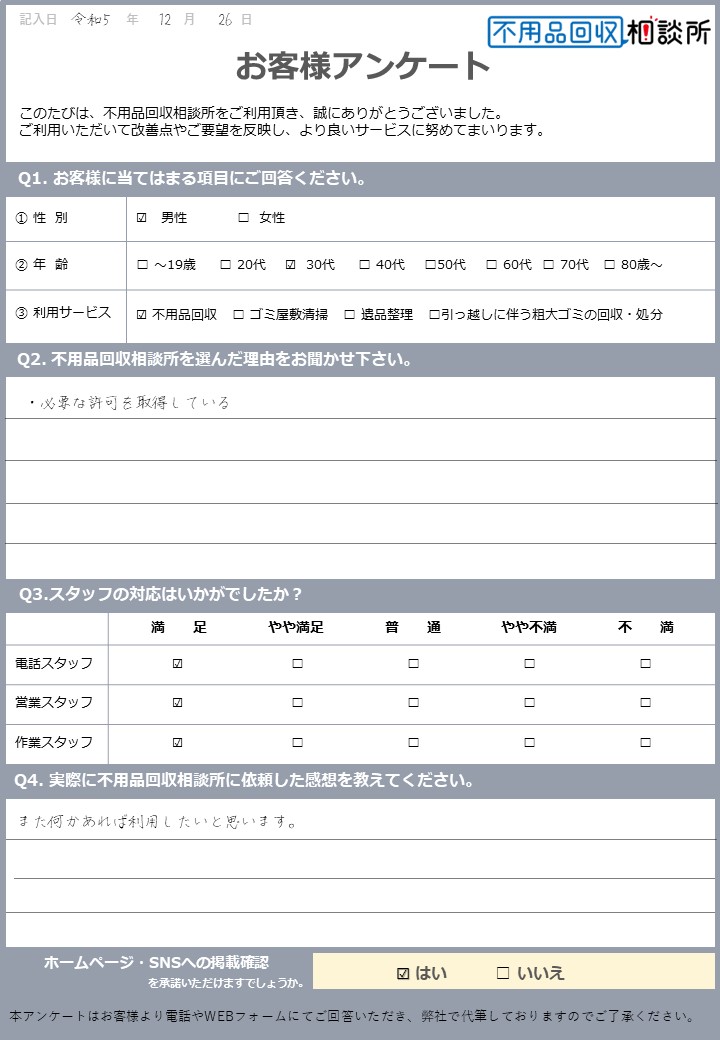 【松江市 H様】転勤に伴う2tトラック1台分の不用品回収「テキパキとしていてよかった」