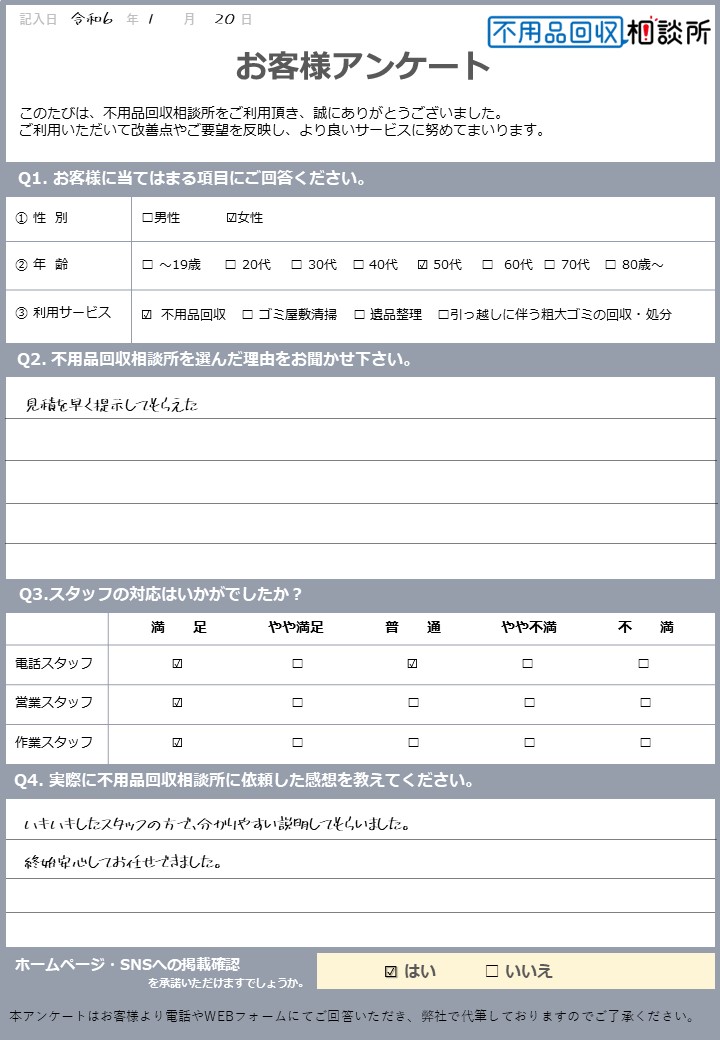 【広島市 H様】断捨離に伴う不用品回収「おかげさまで断捨離できました。」