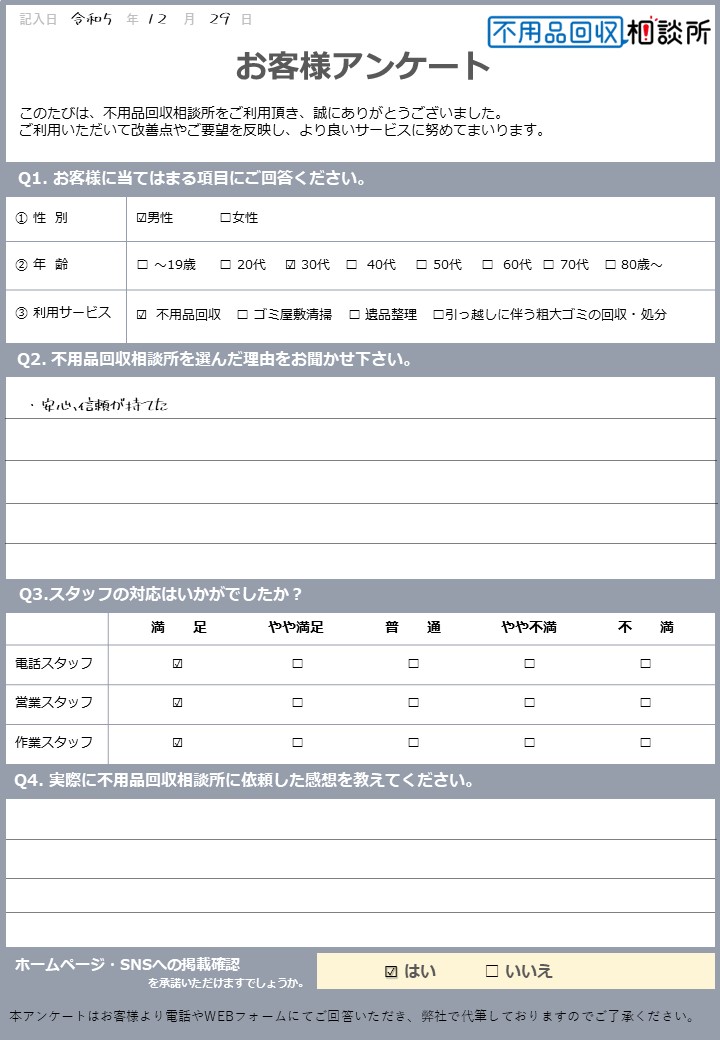 【北九州市小倉南区 S様】引っ越しに伴う不用品回収「安心、信頼が持てた」