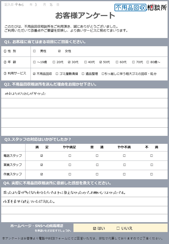 【天理市 R様】県営住宅退去に伴う不用品回収「お願いしてよかったです」