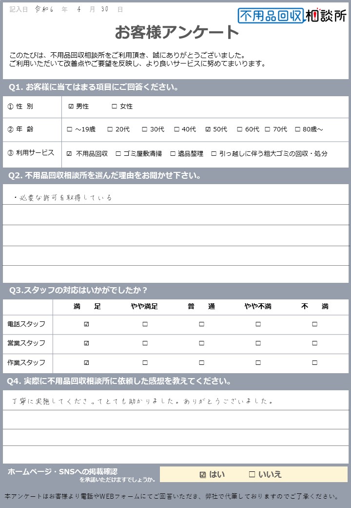 【東京都練馬区 M様】老人ホームの退去に伴う不用品回収「丁寧に実施してくださってとても助かりました」