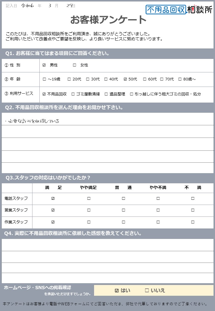 【掛川市  U様】婚礼タンスの処分に伴う不用品回収「営業スタッフの対応、満足」