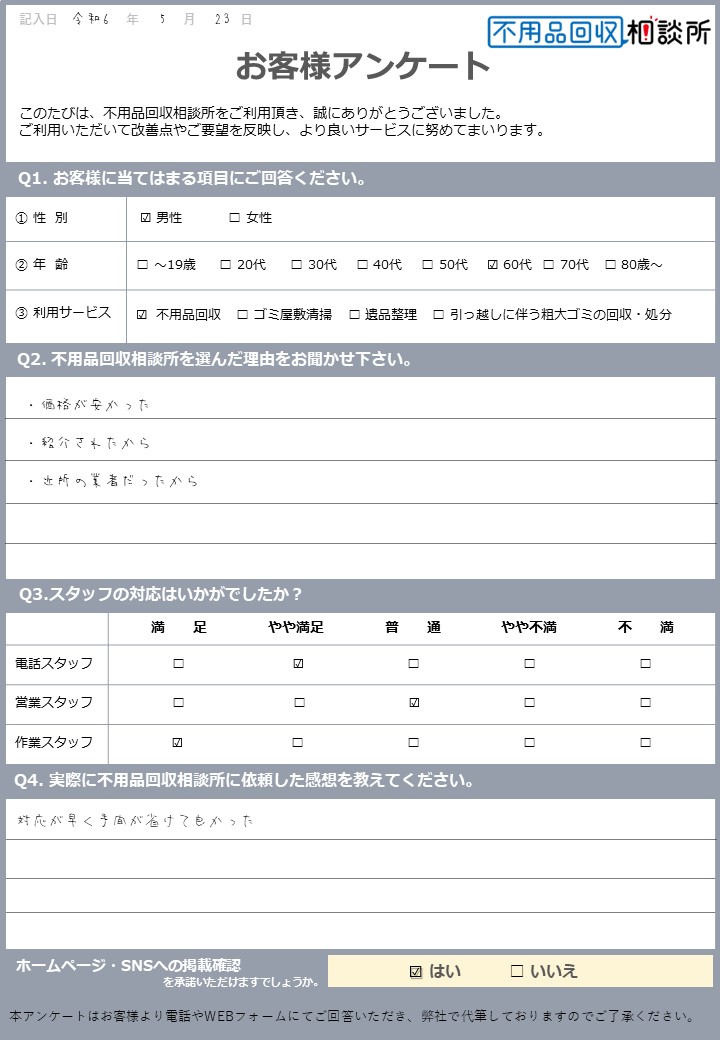 【さいたま市北区 K様】ダイニングテーブル処分に伴う不用品回収「対応が早く手間が省けて良かった」