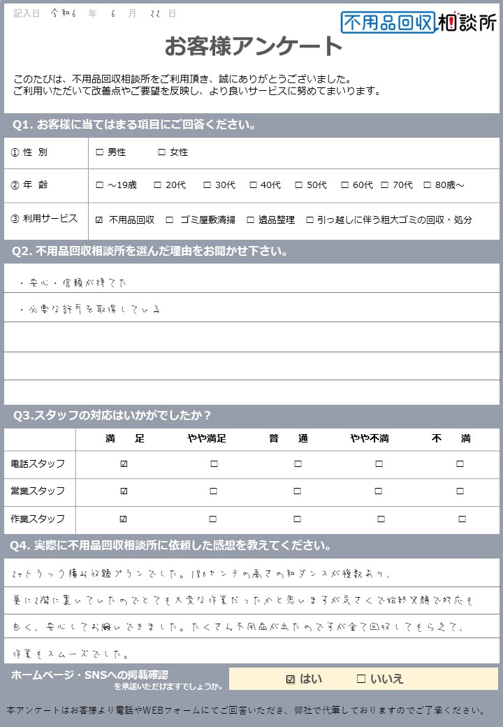 【松山市 S様】タンス処分に伴う不用品回収「気さくで始終笑顔で対応も良く、安心してお願いできました」