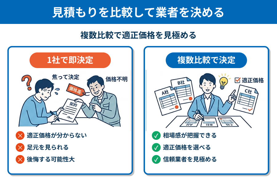 見積もりを比較して業者の適正価格を見極めるの図解