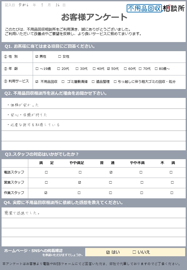 【大阪市東淀川区 N様】テレビ処分に伴う不用品回収「簡潔で迅速でした。」