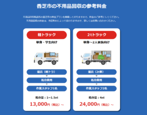 香芝市の不用品回収の参考料金