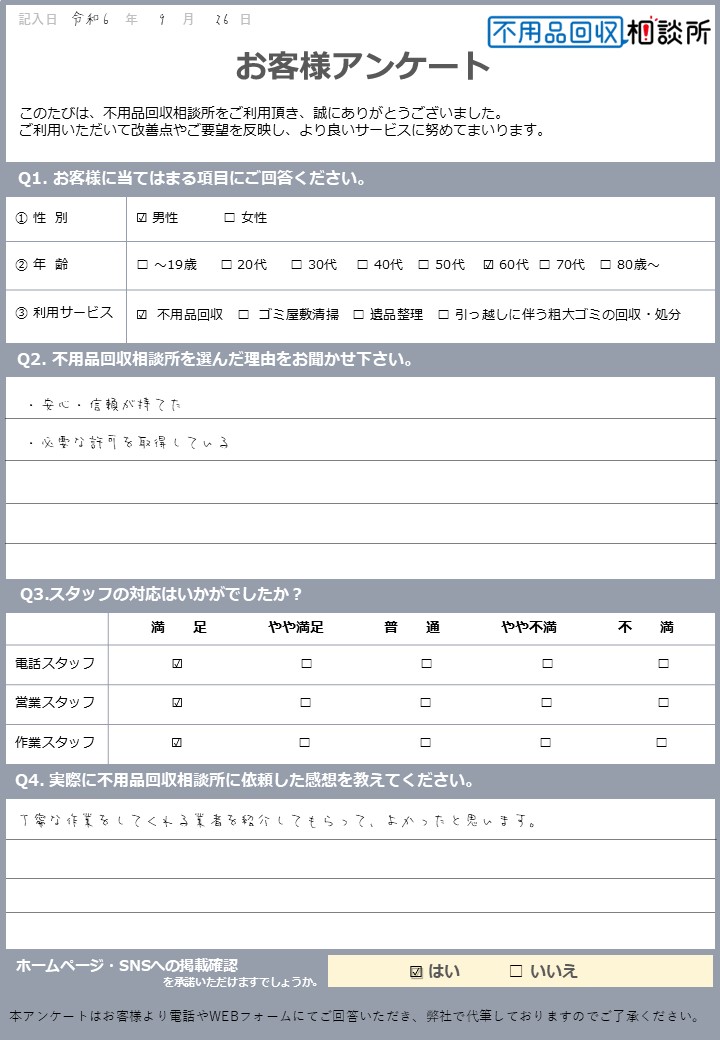 【福山市 Ｔ様】片付けに伴う不用品回収「丁寧な作業をしてくれる業者を紹介してもらって、よかったと思います。」