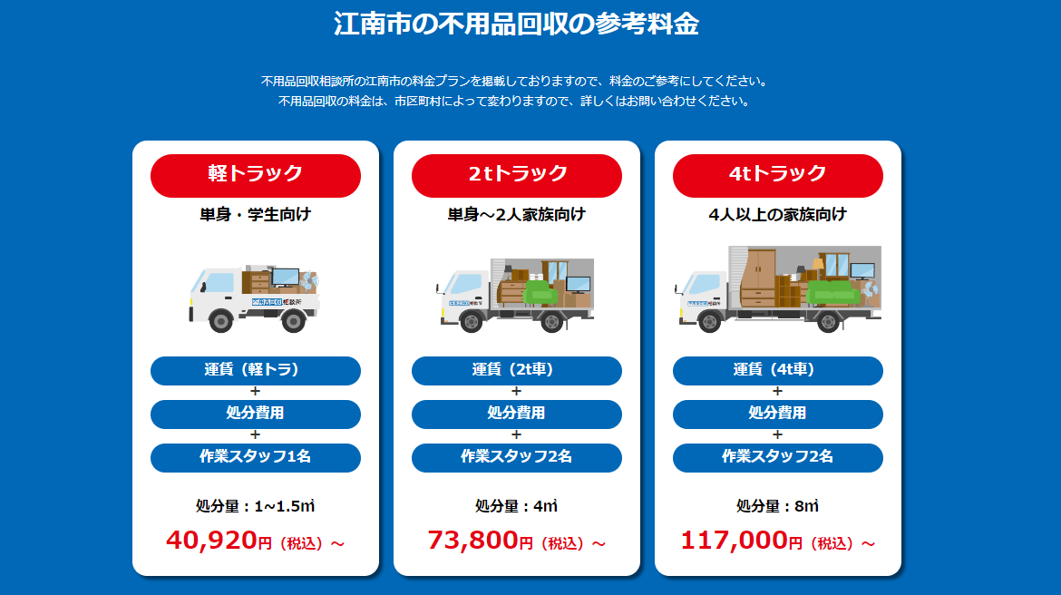 江南市の不用品回収の参考料金