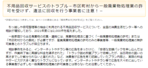 国民生活センター「不用品回収サービスのトラブル－市区町村から一般廃棄物処理業の許可を受けず、違法に回収を行う事業者に注意！－」