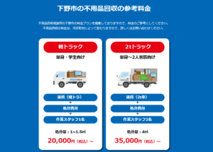 下野市の不用品回収の参考料金