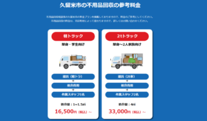 久留米市の不用品回収の参考料金（トラックの容量別料金）
